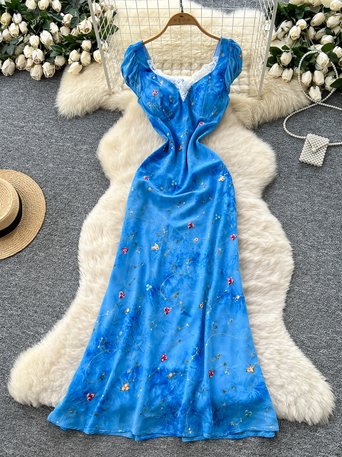 Retro Spitze Splice Bubble Sve Blumendruck Sommer Schlankheits Chiffon Dr Damen A-Linie Rock mit hoher Taille Ort Sve Dr