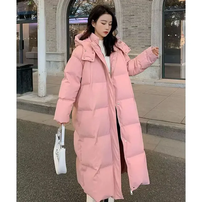 Jaqueta de puffer longo para baixo feminina, tamanho grande, coreana, casacos de penas, rosa, inverno, 2023