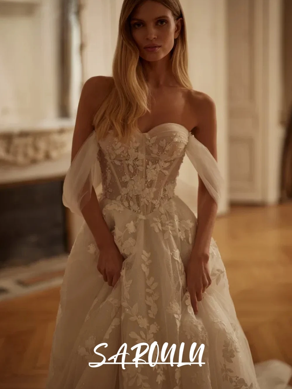 

Appliques Intricate Sweetheart Neckline Wedding Gown Customized Corset Graceful Shiny A Line Romantic Draped Straps Bridal Gown