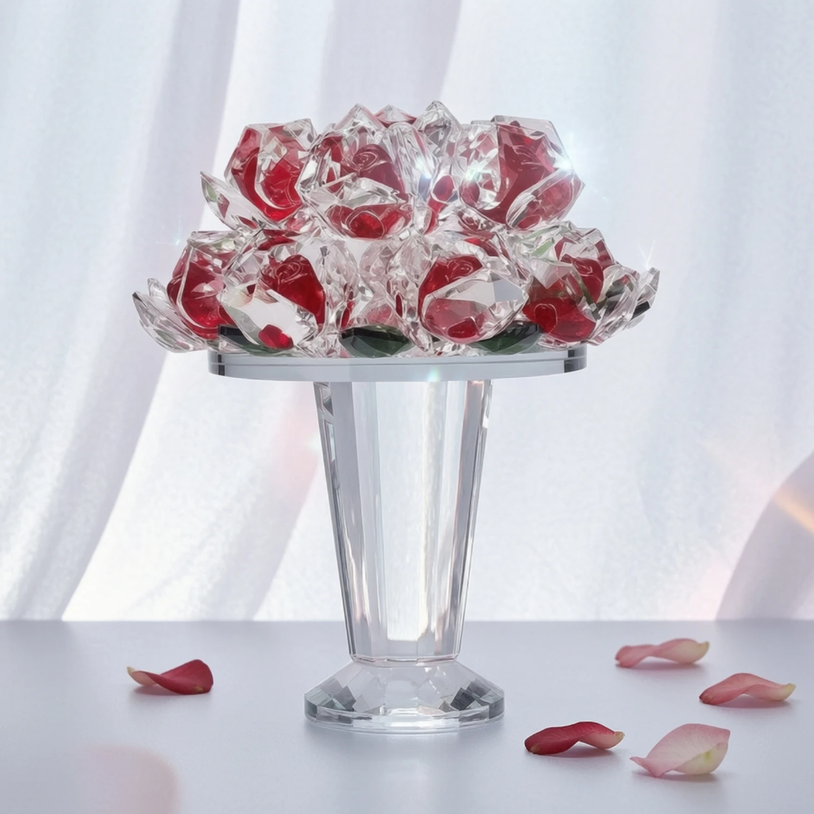 Crystal Rose Bouquet Faceted Rose Bouquet Ornament Glass Flower Figurine Decorative Elegant for Desktop, Entryway
