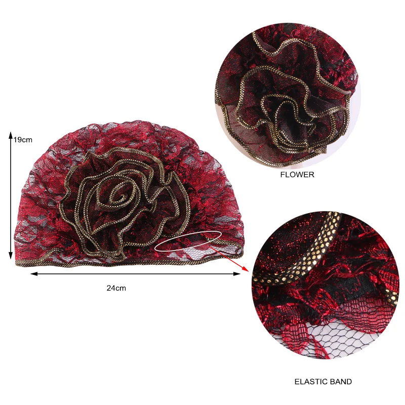 Newly Breathable Lace Flower Turban For Women Muslim Bonnet Beanie Head Wrap India Chemo Caps Islamic Headwear