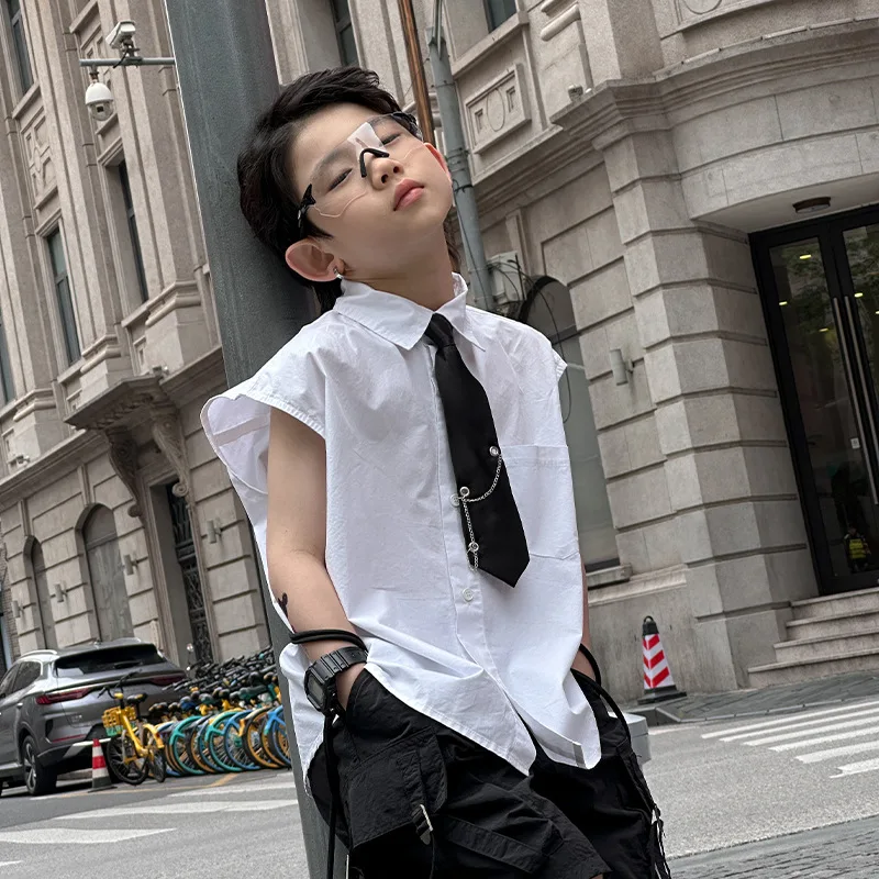 

Детская одежда 2026: Летние футболки в корейском стиле для мальчиков, крутые топы без рукавов, однотонные простые свободные майки для детей