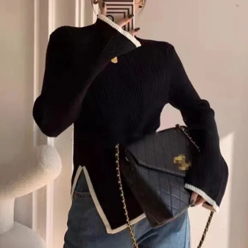 2026 Autumn Slim Knitted Pullovers Korean Fashion Soft Sweaters for Women Temperament Elegant Flare Sleeve Turtleneck Sweater