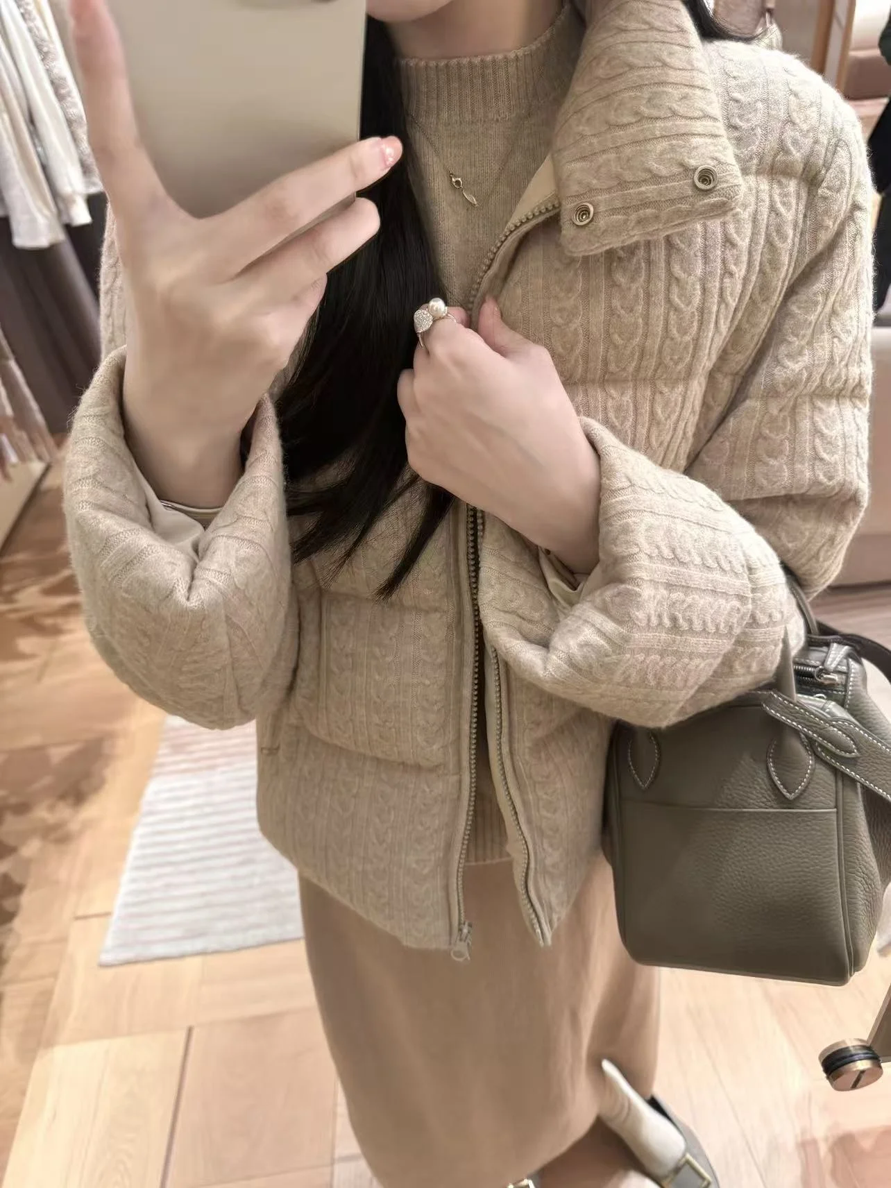 

Zearzz ort Knitted Patchwork Women's down Jaet High Aesthetic Value White Goose down Fabric Fce Warm Long Sve Zipper