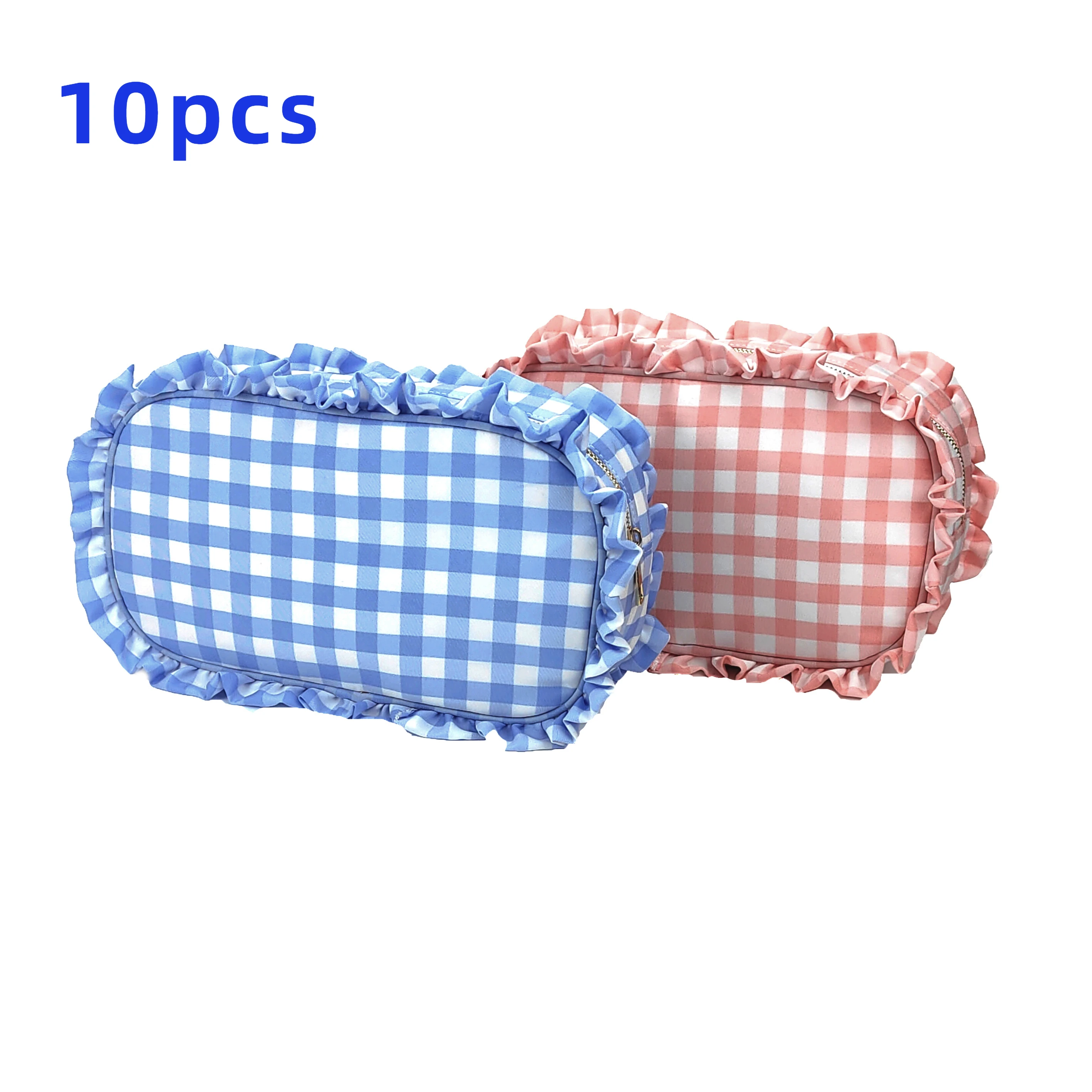 10pcs/set Ruffle Gingham Large Pouch Custom Makeup Bag Zipper Personalized Patches Plaid Travel Pink Bule Cosmetic Bag Organizer