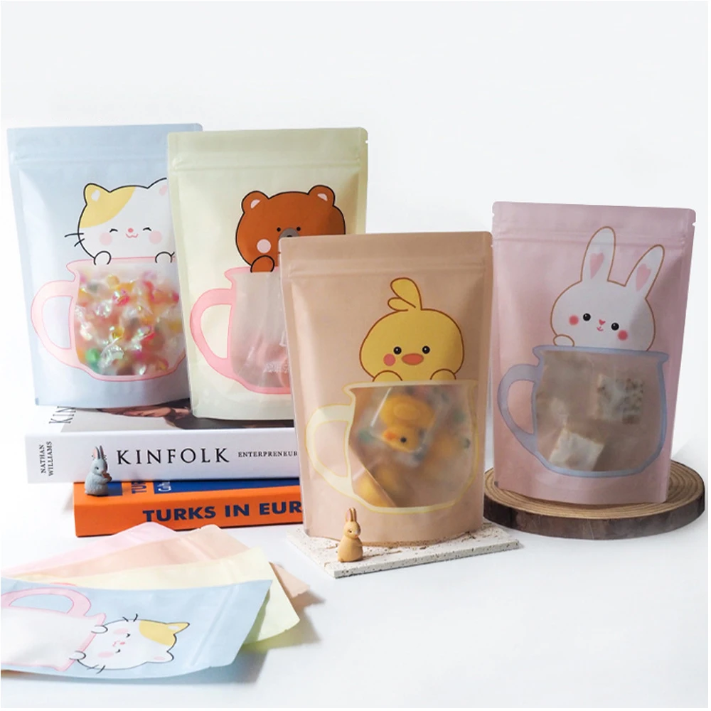 50Pcs/Lot Zip Lock Colorful Plastic Stand Up Bag with Frosted Window Cartoon Printed Self Grip Seal Doypack Food Storage Pouches