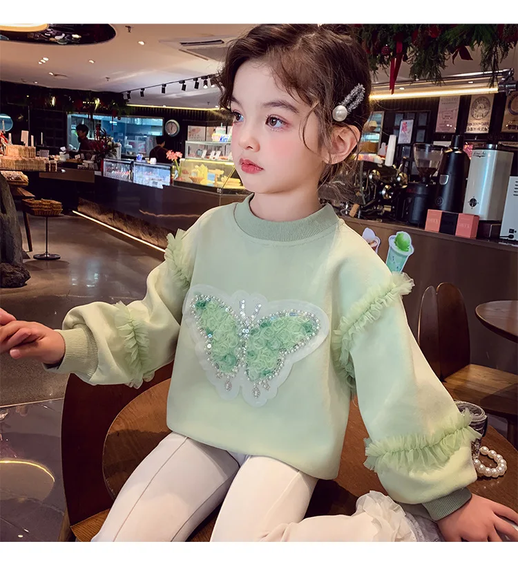 Herbst Kinder Mädchen Sweatshirts Schwestern Partnerlook Baumwollkleidung Pailletten Schmetterling Rüschenbesatz Langarm Rundhals Pullover Tops – Detail 12