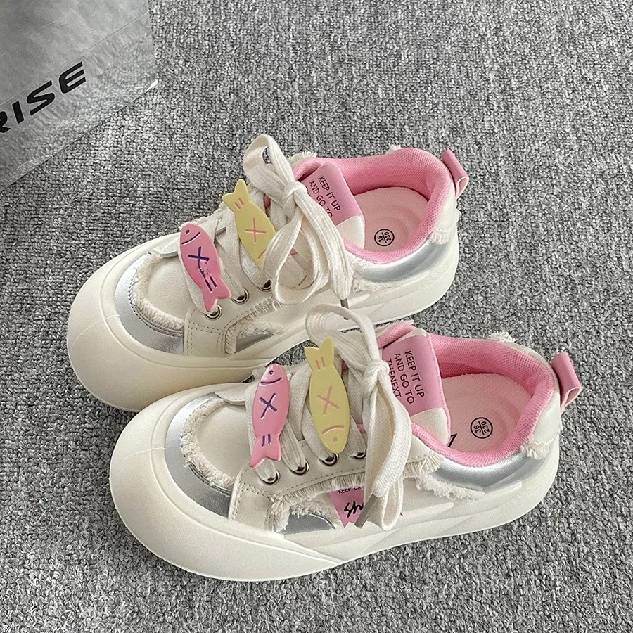 

Cute Cat Design Sneakers for Female Students Pink Flats Harajuku Style Thick-soled Sneakers Women's Casual Tennis Shoes