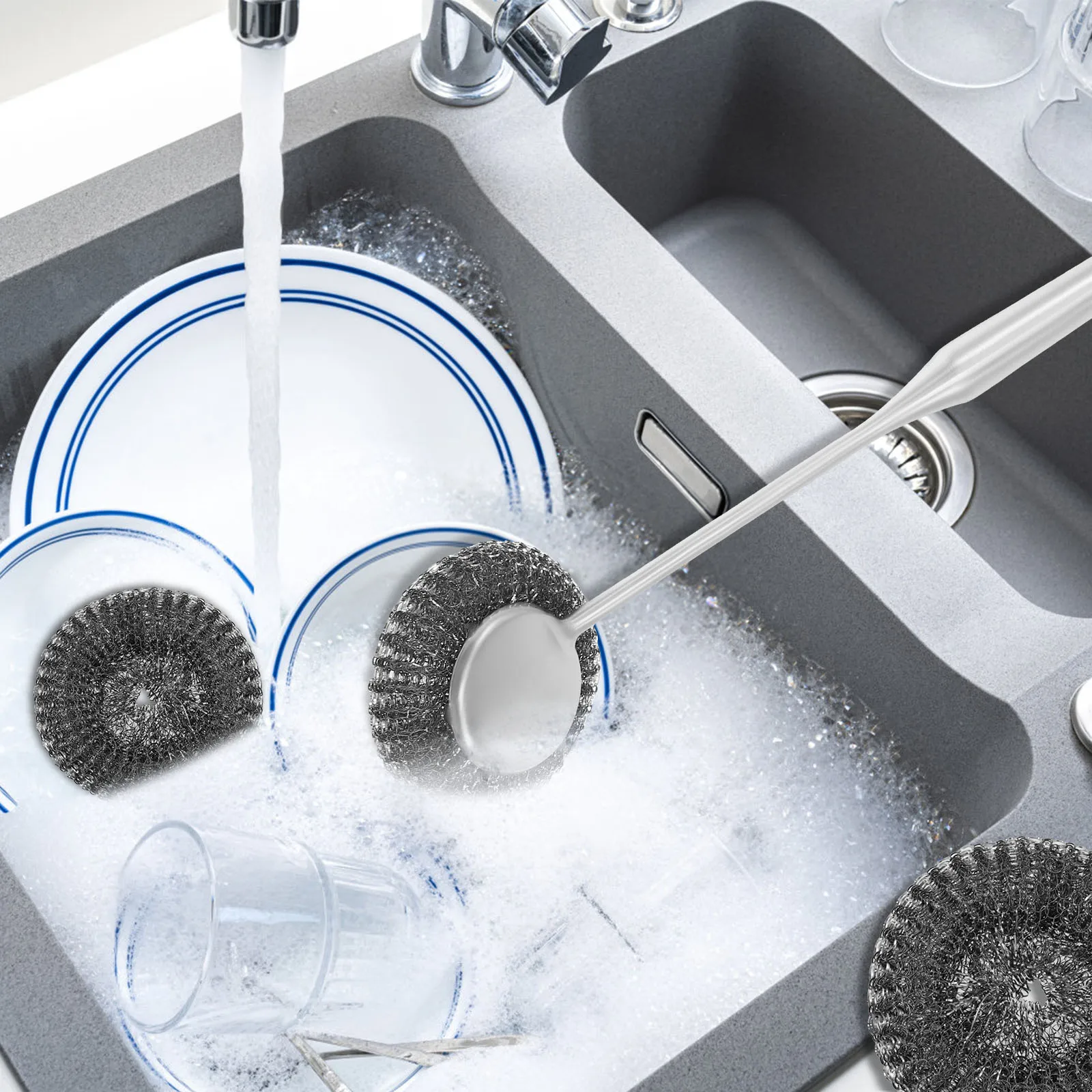 4-18Pcs Steel Wool Scrubber Long Handle Pot Cleaning Brush Stainless Steel Kitchen Pan Pot Dishes  Strong Decontamination