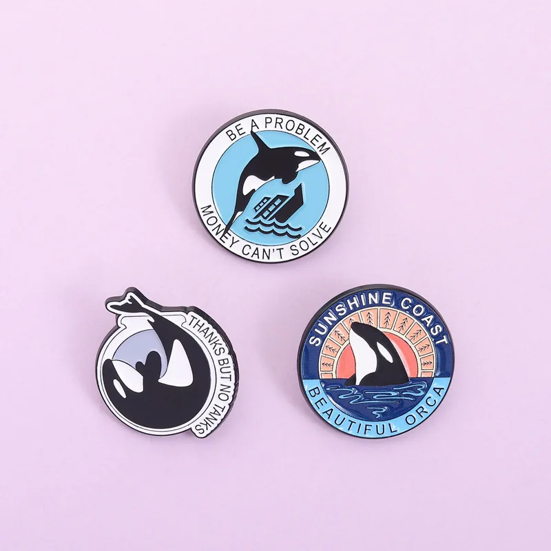Lot de broches en émail Orca « Merci, mais pas de chars » – Badge anti-captivité pour sac à dos et revers