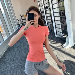 Top sportowy damskie letnie bieganie z krótkim rękawem szybkoschnący T-shirt stretch tight fitness odchudzanie strój do jogi