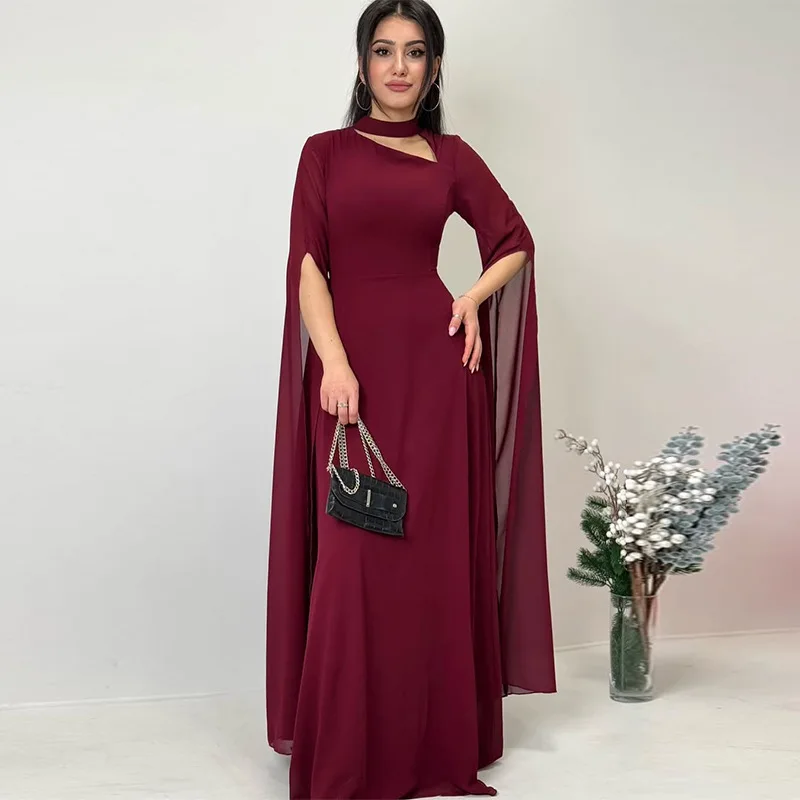 Langes Kleid für Damen, Partykleider, runder Kragen, Blütenblätter, Ärmel, A-Linie, Schnürung, sexy, bodenlang, enge Taille, Maxikleid, weiblich