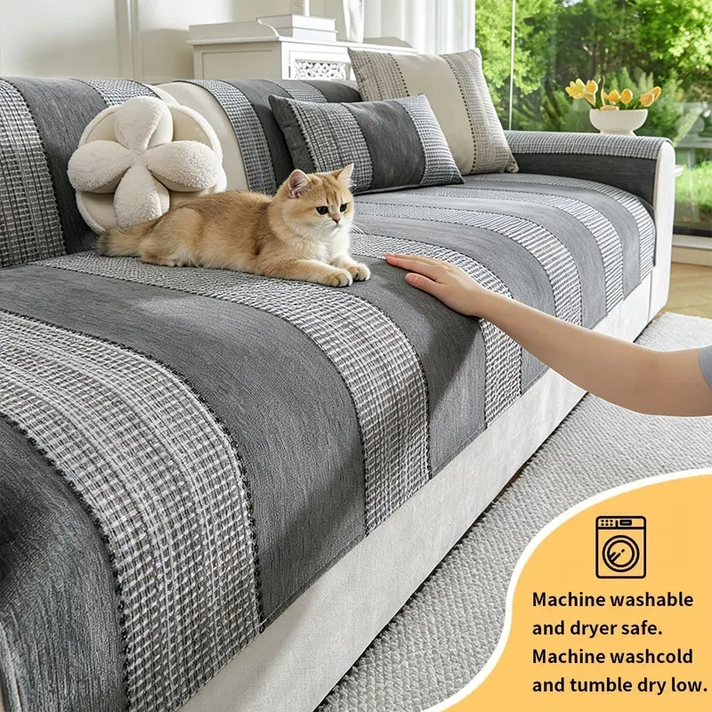 1PC-Grey Horizontal Plaid Spliced Sofa Pad, Pet & Family Friendly, Scratch Resistant Fabric, Universal Fit Fits Most Sofas