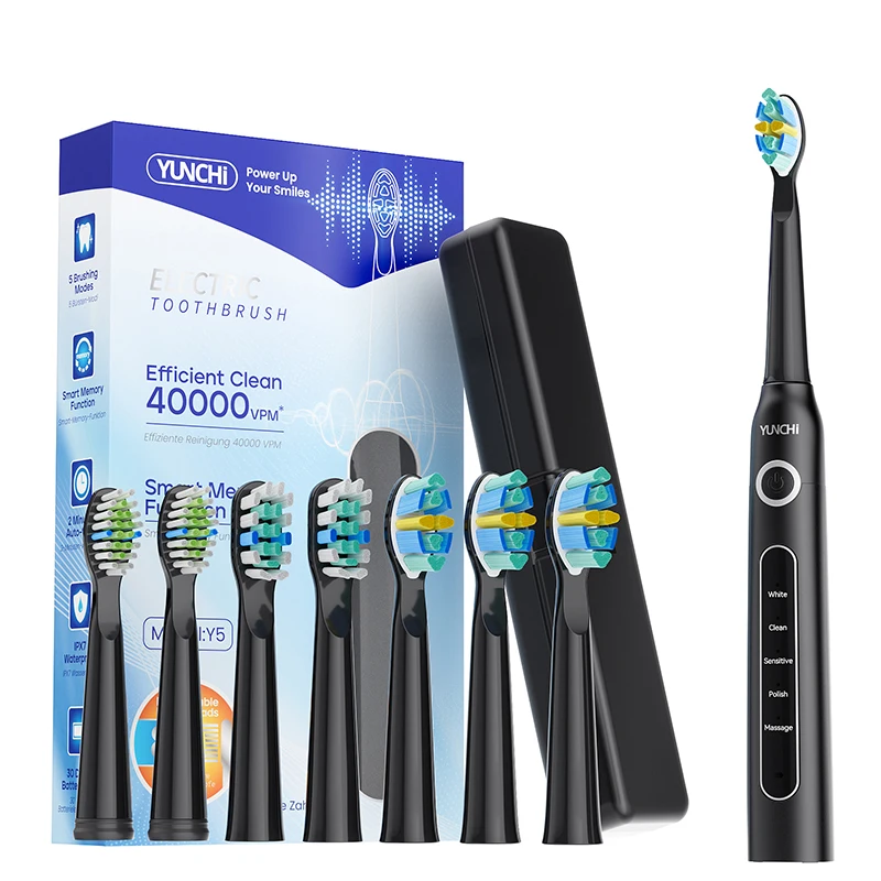 Yunchi فرشاة أسنان كهربائية بالموجات الصوتية Y5 للكبار الموقت 5 طرق مايكرو USB قابلة للشحن فرشاة أسنان ث 8 قطعة رؤوس فرشاة بديلة