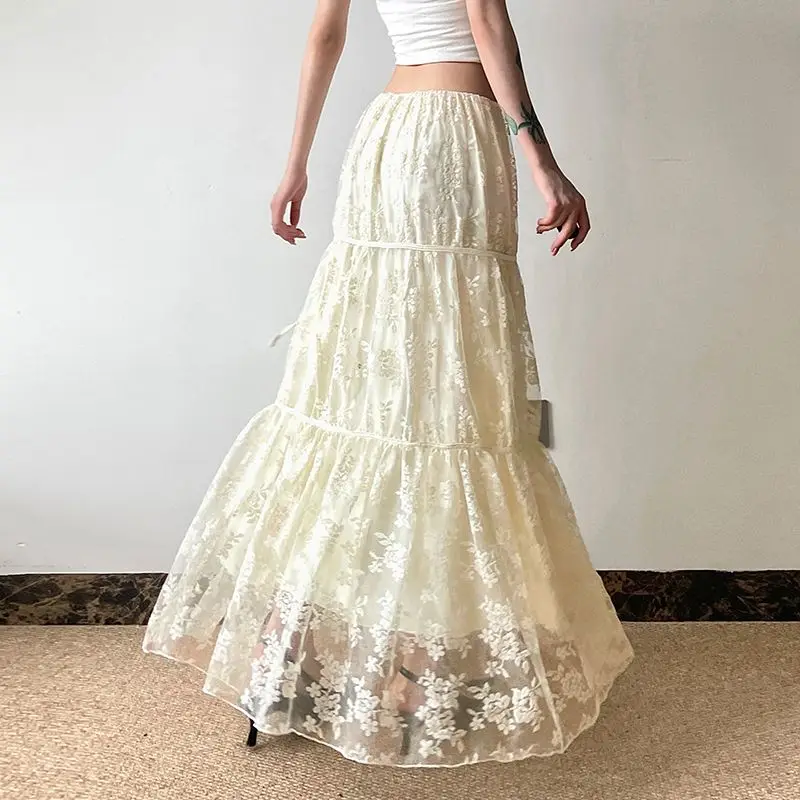 Rok panjang renda tambal sulam renda pita pinggang rendah rok panjang A-Line wanita Fairycore rok Maxi estetika Chic rok elegan