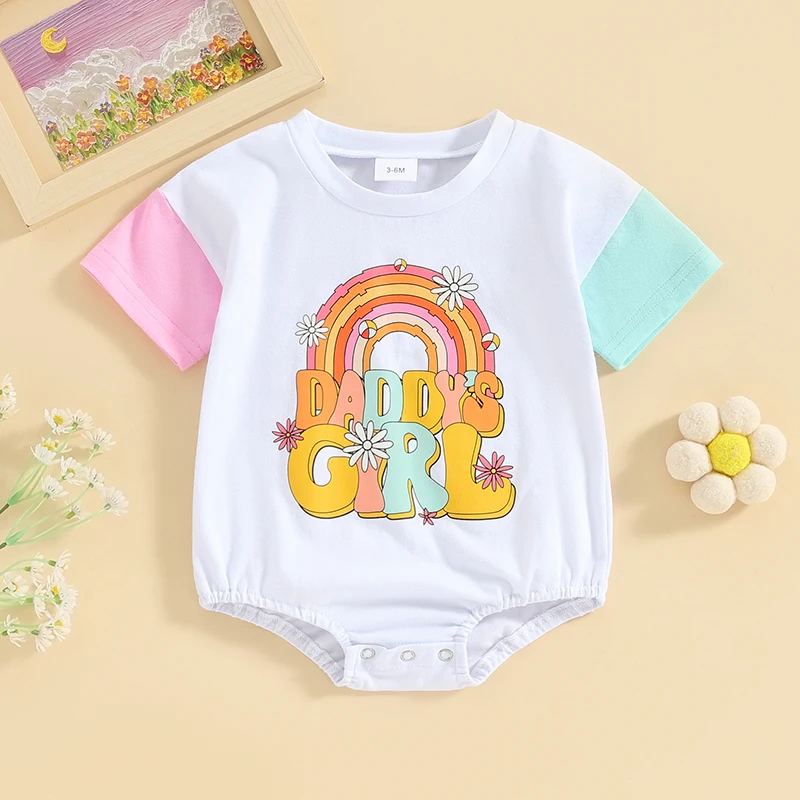 

Infant Baby Girls Summer Romper Rainbow Letter Print Round Neck Contrast Color Short Sleeve Bodysuit