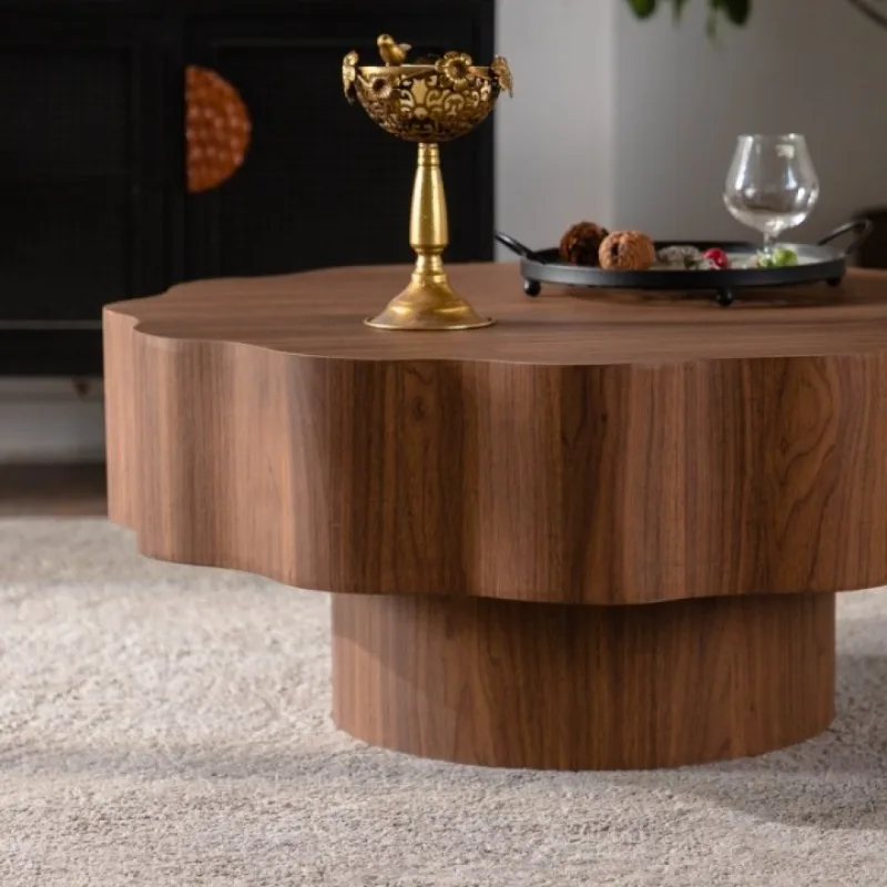 Walnut Scalloped Edge Coffee Table Modern Wooden Center Table for Living Room Home Decor Unique Shape Tea Table Furniture