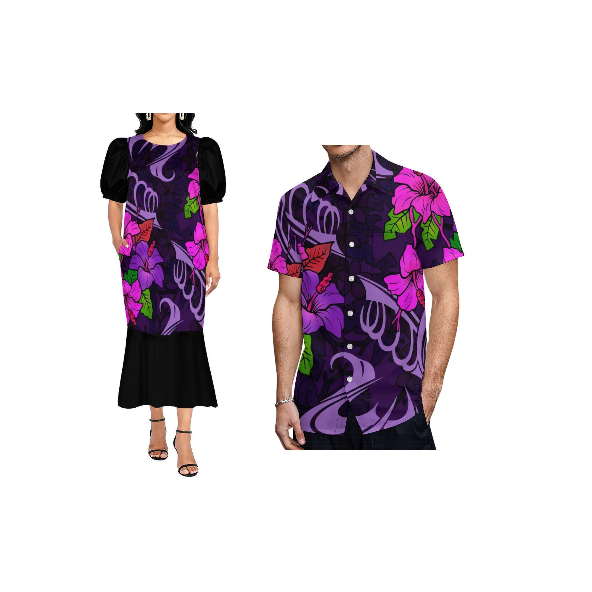 Ropa de Pareja con Diseño Personalizado de las Islas del Pacífico, Vestido Muumuu de Micronesia para Mujer, Vestido Muumuu con Cola de Pez y Camisa Casual para Hombre con Cuello Rígido