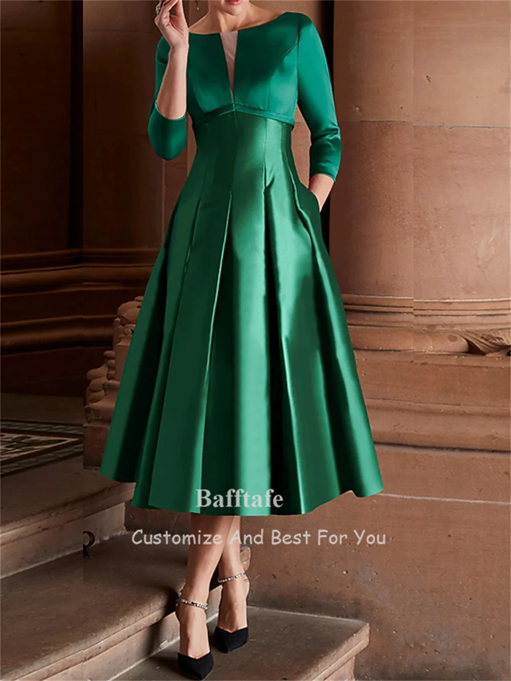 Bafftafe A Line Satin Midi Prom Dresses 3/4 Sleeves Women Outfits Pockets Formal Party Dress Pleated Evening Gowns Customized