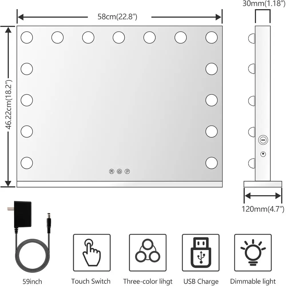 مرآة زينة مضيئة مع 15 مصباح LED، تكبير 10X، شحن USB، 3 خيارات ألوان، إطار معدني #5