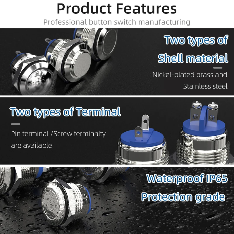 16/19/22mm Momentary Push Button Screw Type Terminals Stainless Steel Metal Waterproof Button 16mm 5A 12V/24V/125V/250VAC IP65