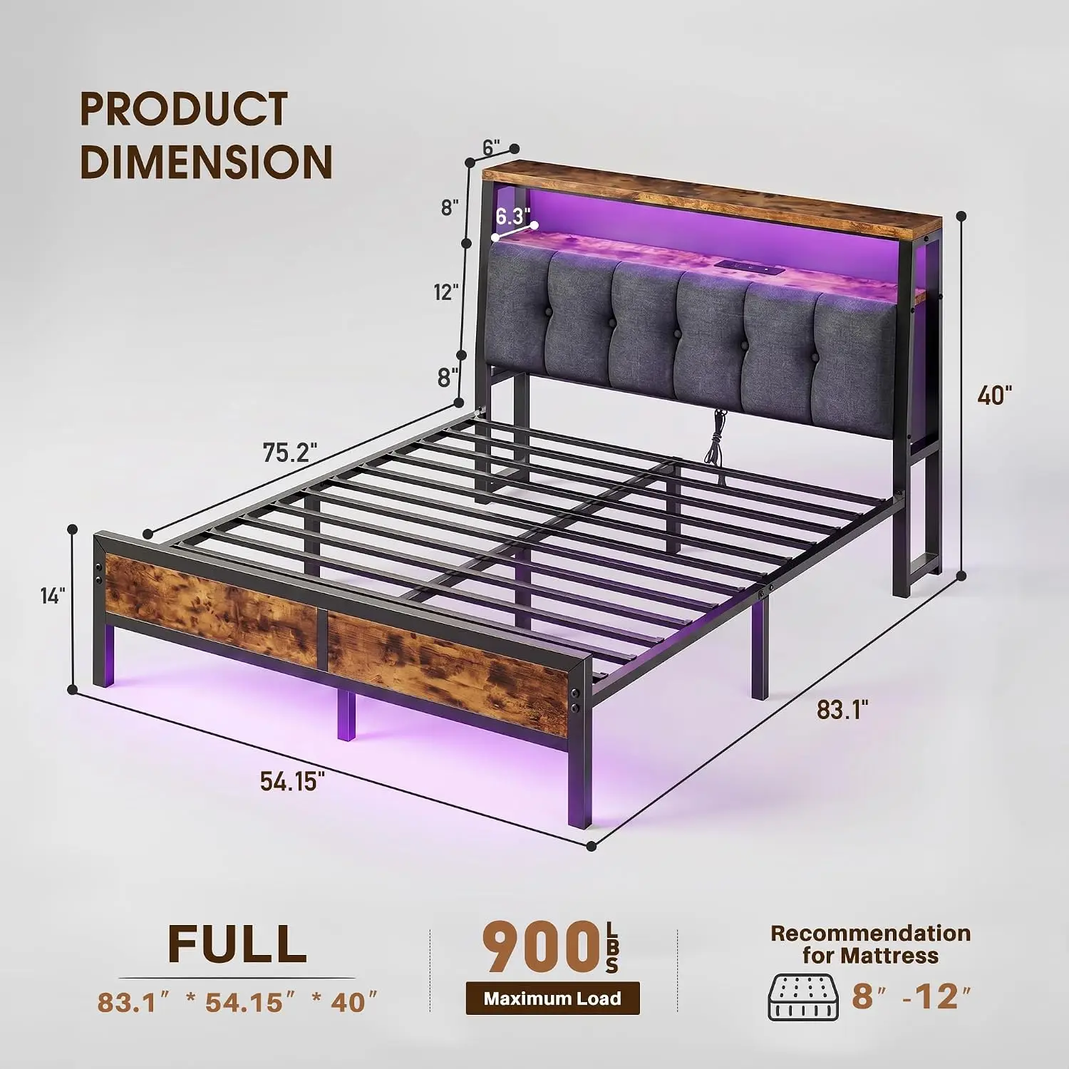 Full Size Upholstered Bed Frame with Charging Station & 2-Tier Shelf, USB Ports, RGB LED, 12