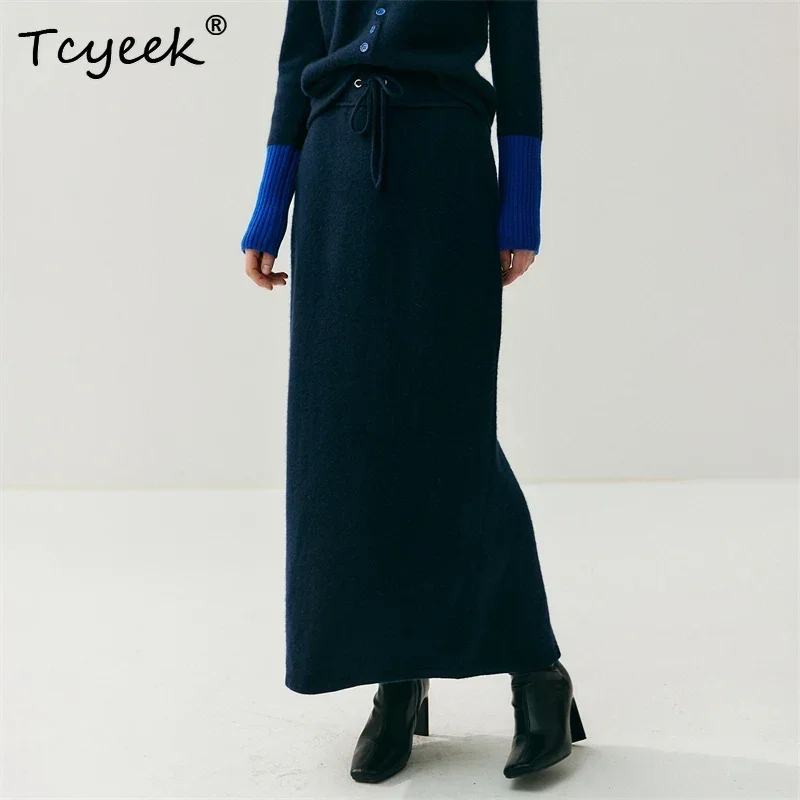 Chic Women's Long Skirt 100% Cashmere Straight Skirt Knit Autumn Winter Ankle-Length Skirt Warm Elegant Casual Rear Slit Dress