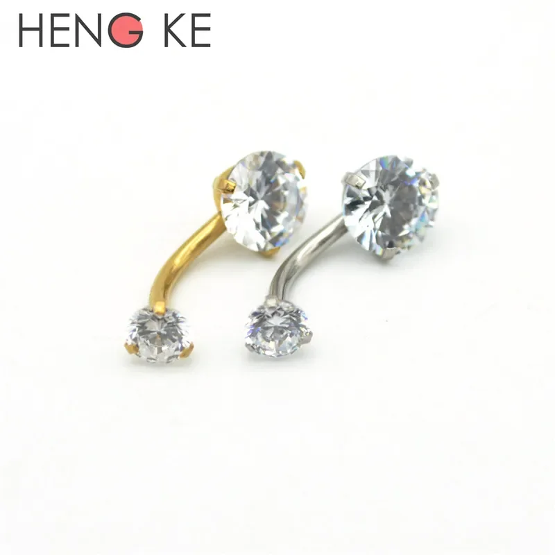 Gold Color Belly Bars Body Piercing Button Ring Crystal CZ 8mm Gem 316L Stainless Steel Clear Double Zircon Internally Threaded