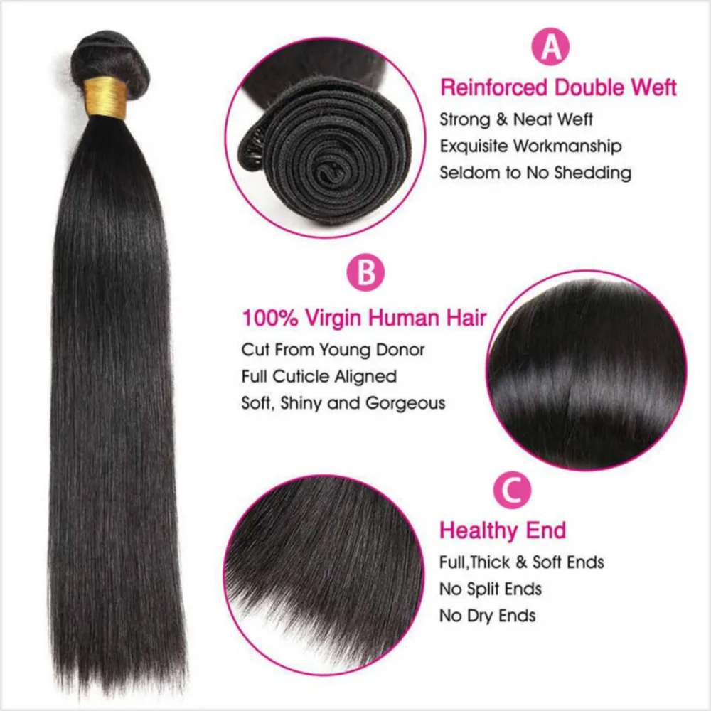 Human Hair Bundles Unprocessed Straight Natural Black Brazilian 1/3 Bundles Human Hair Extensions 20 22 24 Inches For Woman #1B