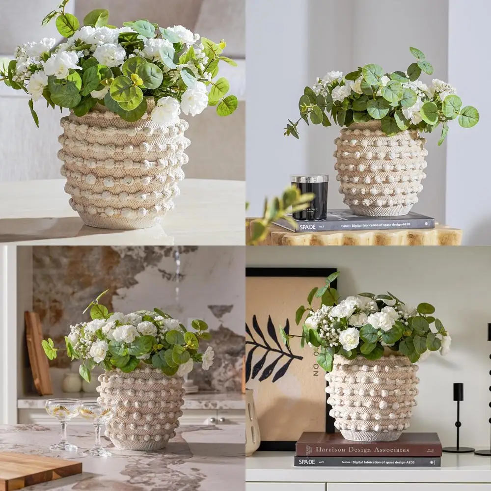 

Rustic Beige Boho Vase, 8.2 Inch Textured Farmhouse Decorative Flower Vase with Rope Accents for Home
