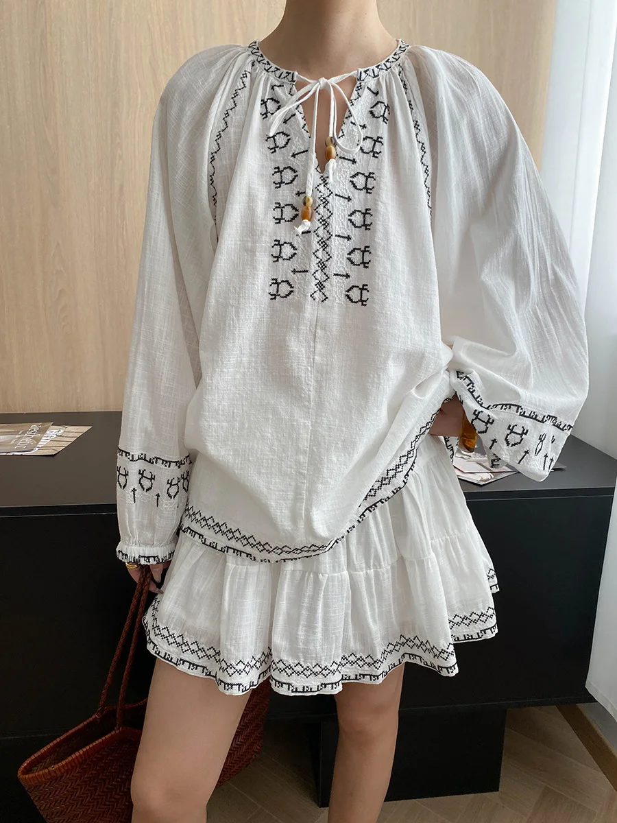 

Spring and summer women's casual solid color V-neck long sleeved embroidered decoration loose shirt+high waisted skirt set