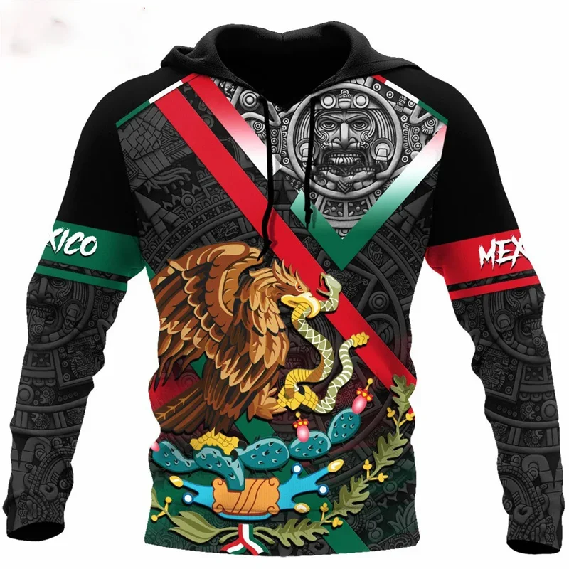 Fashion 3D Print Mexico Flag National Emblem Hoodie Men Tops Autumn Long Sleeve Mexican Aztec Sweatshirt Streetwear Clothing