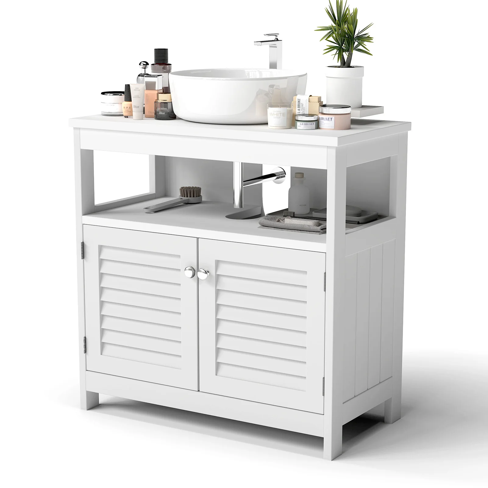 Home Wood Under Sink Storage Cabinet Open Shelf U Shape Cut Out Wall Mounted Drainage Bathroom Sink Plumbing Under Sink Vanity