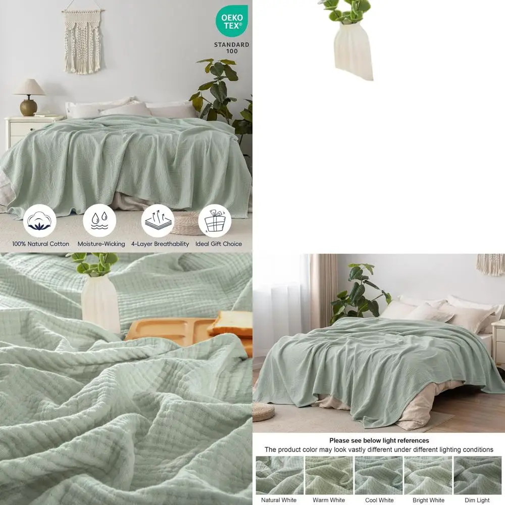 

4-слойное одеяло из хлопкового муслина Queen Size 90x90, легкая дышащая марля, минималистичный дизайн, шалфейно-зеленый цвет, идеально подходит для B