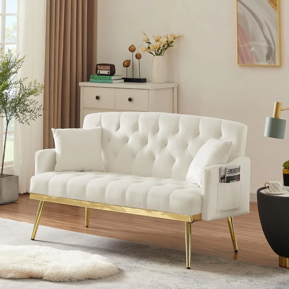 Kleine fluwelen loveseat-bank met gouden metalen poten, 55 inch moderne bank met 2 zijvakken, bank met getufte rugleuning