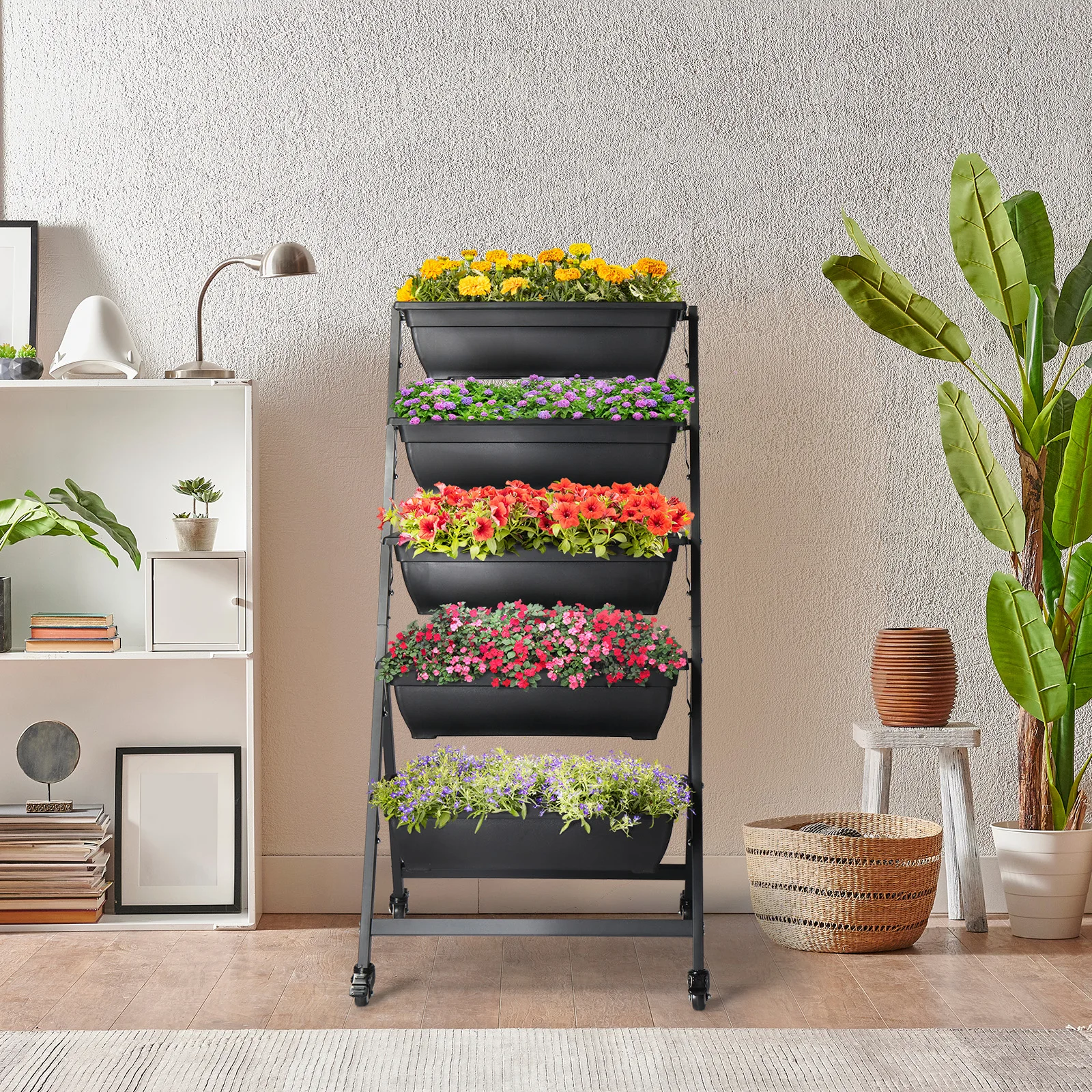 65*60*130cm 5-layer black PE planter with wheels