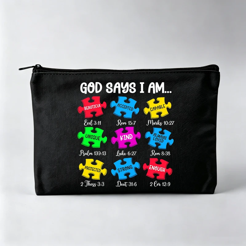 Women's Puzzle Piece Print Makeup Bag with Typography Design, Casual Cosmetic Pouch for Daily Use