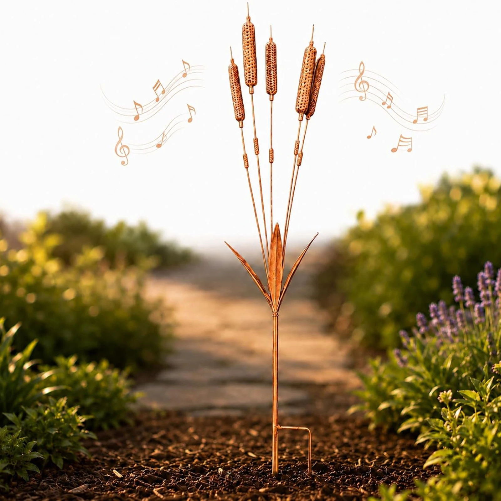 Iron Cattail Windchimes Stake Outdoor Decor Rustic Metal Cat Tail Plant Art Art Wind Chimes Yard Stake for Garden Patio Yard