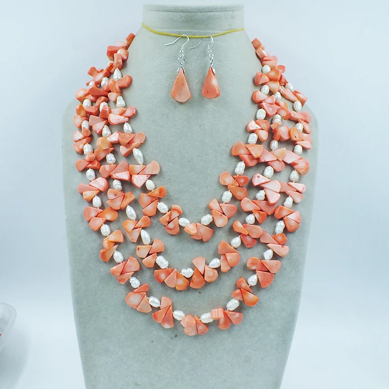 

Exquisite/Beautiful 3 Rows of Natural Coral/Pearl Necklace/Earring Set. African Bride Wedding Jewelry