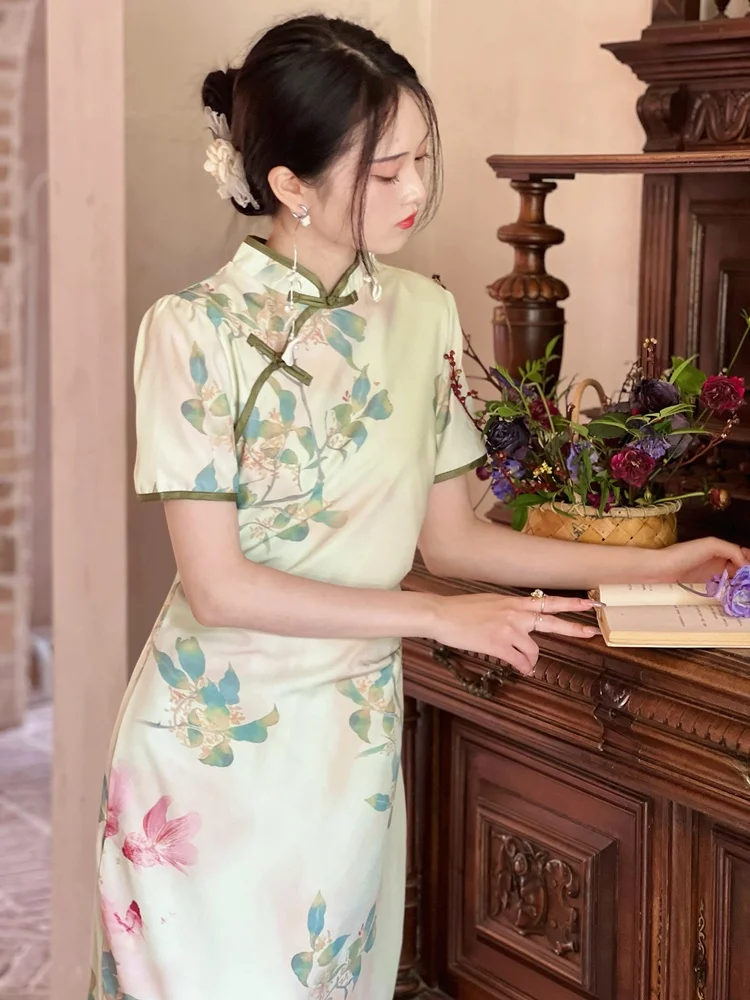 

Short Sleeve Lady's High Slit Daily Wear Floral Pattern Goldfish Dream Short Dress Chinese Style Elegant Femme