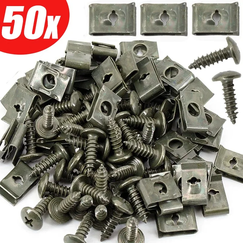 Clipe de fixação de metal tipo U, parafusos auto-roscantes, carro, motocicleta, scooter, fivela anti-ferrugem, base de parafuso, 50pcs