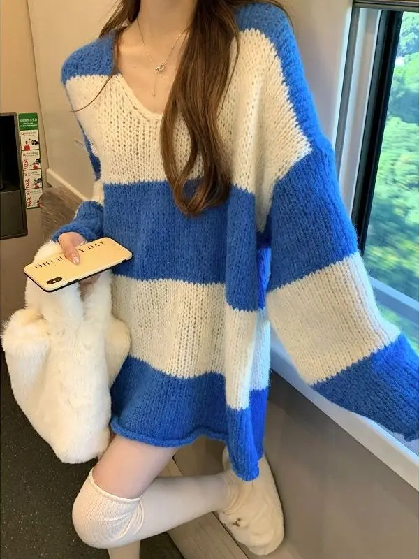 

Loose Women's Knitted Sweater V-Ne Pullover Spring Autumn Striped Korean Sle Comfortable Medium Thi Long Sve Top