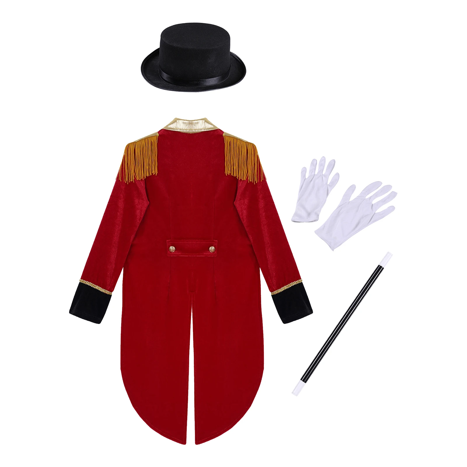 Bambini ragazzi Costume da circo Set manica lunga bavero nappa spalla Tailcoat con cappello bacchetta magica guanti per Halloween Cosplay