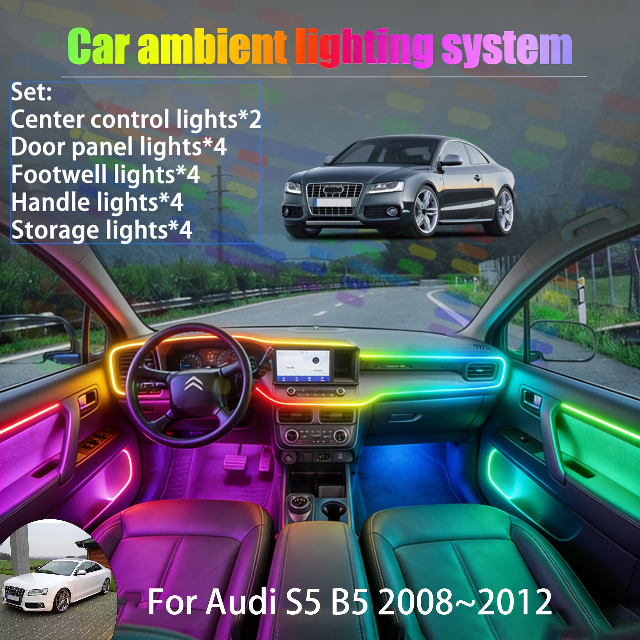 

For Audi S5 B5 2008~2012 2/18 in 1 Car ambient lighting Led trunk interior led lights USB RGB Ensemble Streamer Auto Part