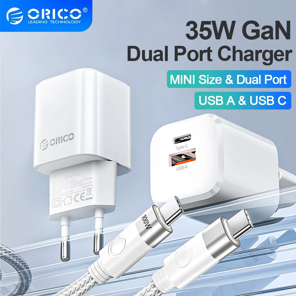 ORICO GaN 35W USB C Charger EU Plug PD Fast Charging For iPhone 13 12 Max Pro iPad For Xiaomi Poco Samsung Charger