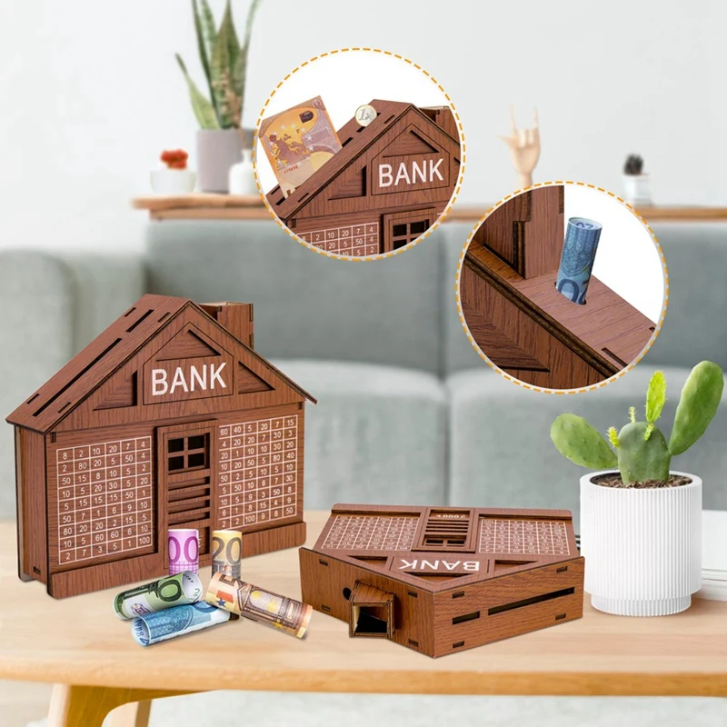 カウンター付きの木製の家のお金の箱,ポータブル,茶色,お金の節約,木製の工芸品