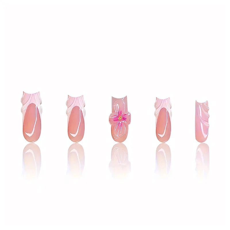 24 stks/set handgemaakte vierkante bloem nepnagels zoete schattige bloemen 3d rimpel ontwerp afneembare jelly sticker roze draagbare nageltip