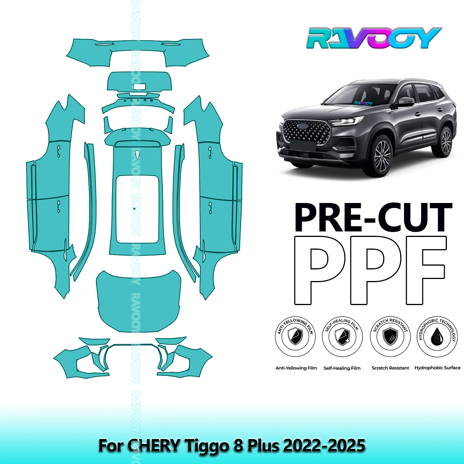 For CHERY Tiggo 8 Plus 2022-2025 Full Exterior Body 8.5Mil Pre-Cut Paint Protection Film PPF Stone Chip Kit | Clear/Matte/Black