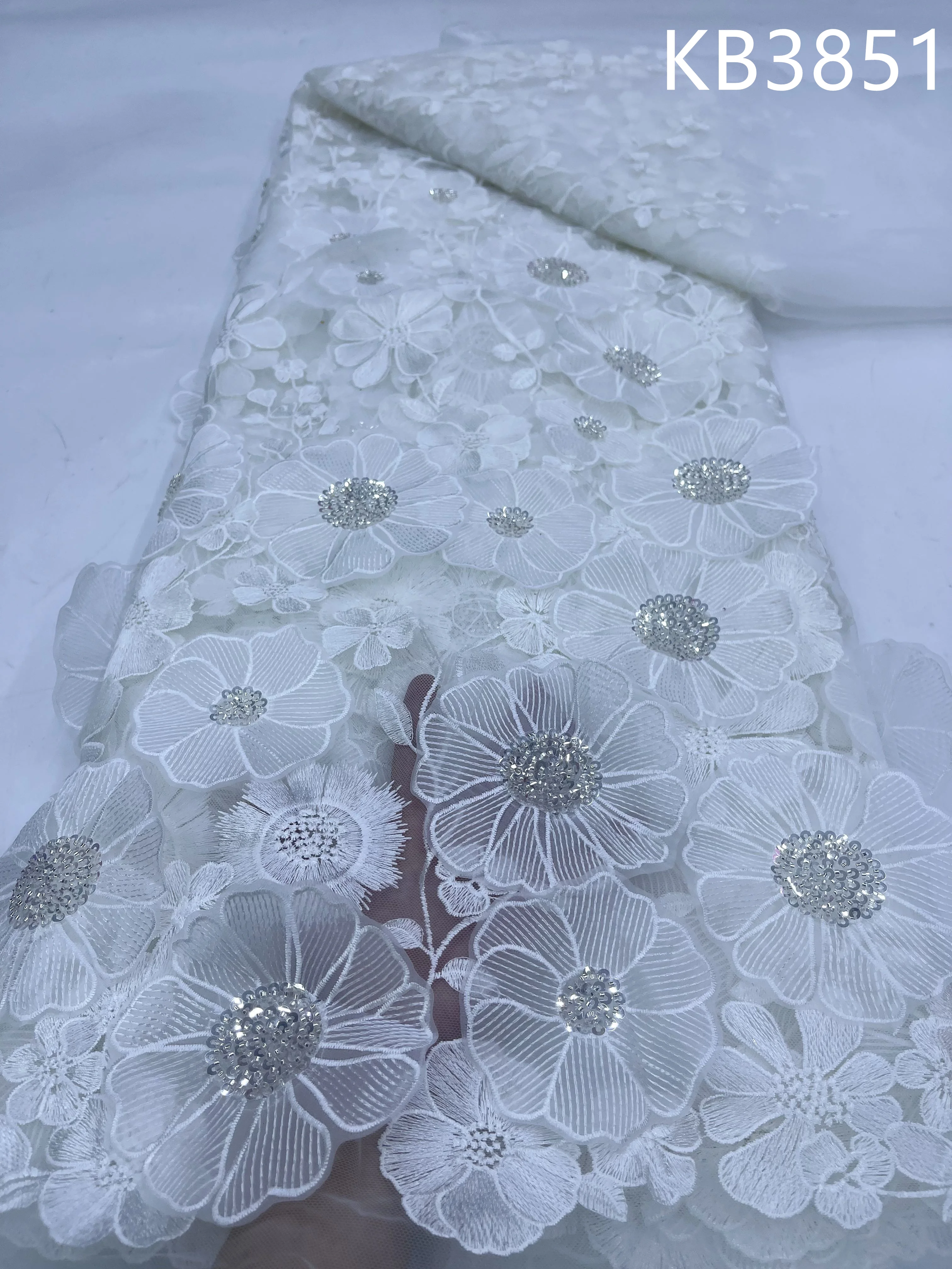 White Beads Embroidered Lace Nigerian Wedding Party Dresses 3d Flower Lace Fabric African Blue Bead Tulle Lace for Sewing KB3851