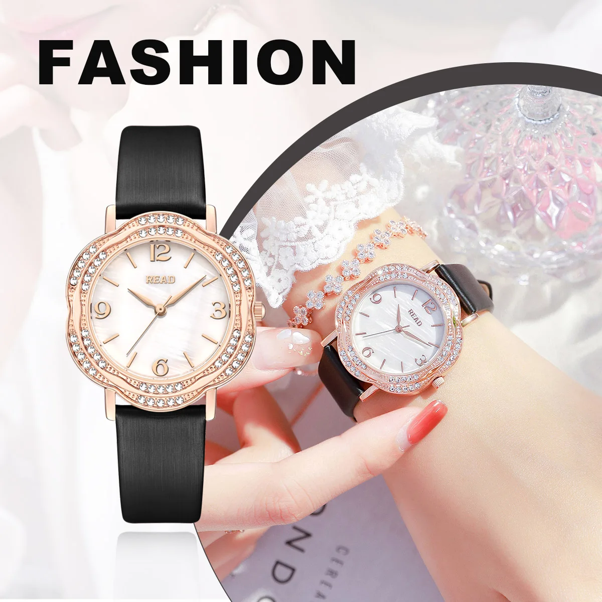 Ladies Analog Wrist Watch | Flower‑Shaped Rose‑Tone Case | Sparkle Bezel | Black Textured Band | Daily Water Resistant Watch